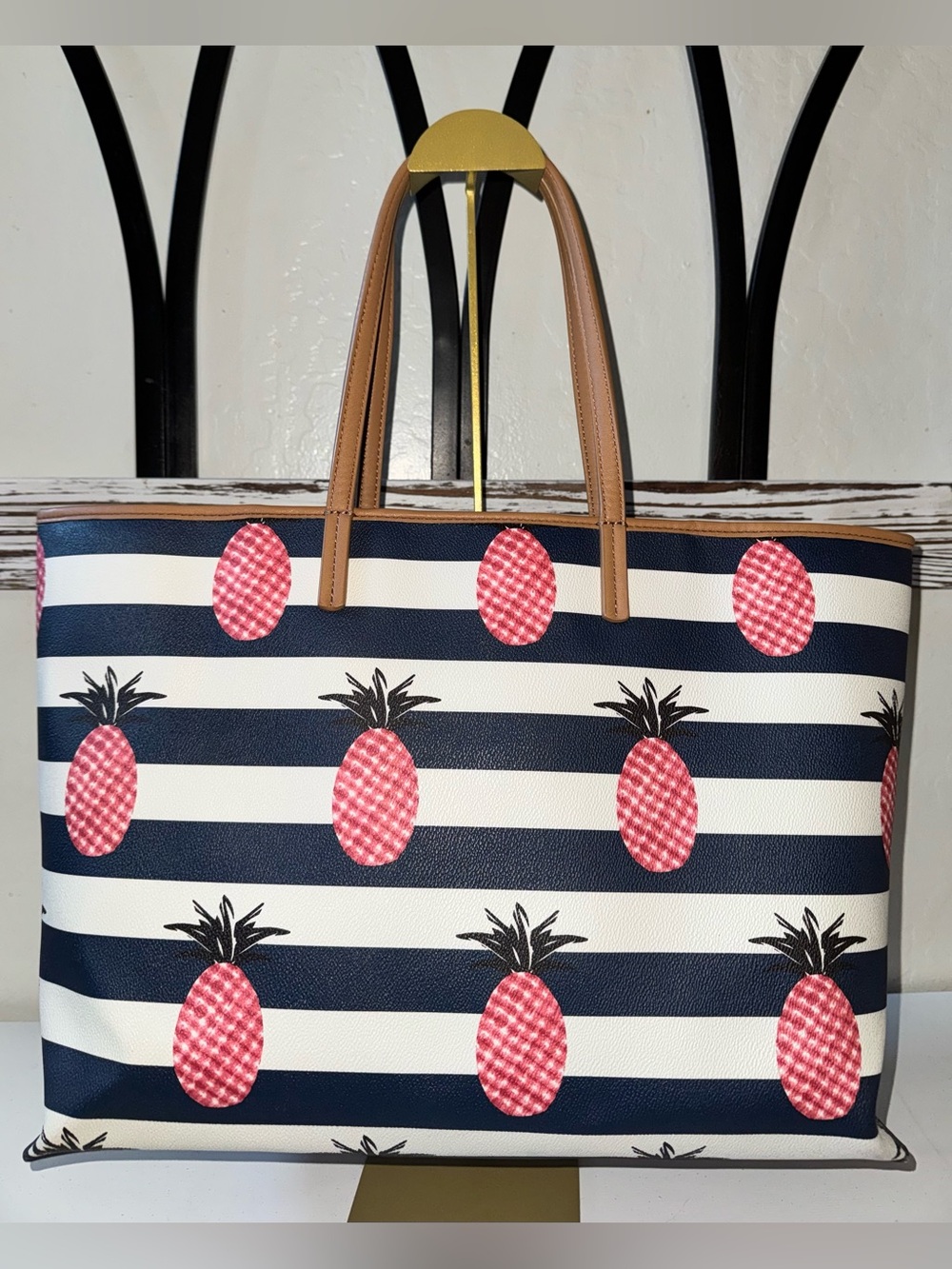 Tory Burch Kerrington Striped Pink Pineapple Tote 2015 - like new condition - Picture 6 of 15